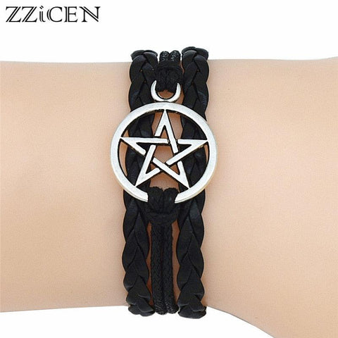 Gothic Fashion Antique Pentagram Charms Wiccan Pentacle Leather Bracelets Vintage Jewelry Gift for Women Men