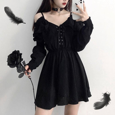 Lace Up Black Sexy High Waist Femme Gothic Dress - Alt Style Clothing