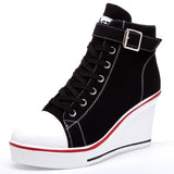 High Top Wedge Canvas Shoes with Denim Ankle and Buckle Strap - 8cm Heels!