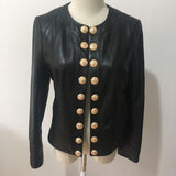 Double Breasted Leather Jacket with Metal Buttons, Soft Real Leather and Round Neck