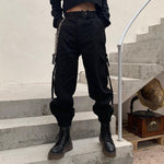 Gothic Cargo Pants with Elastic High Waist and Pockets - Loose Fit