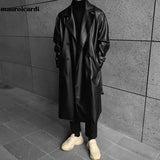 Long Black Faux Leather Trench Coat Drop Shoulder Belt - Alt Style Clothing