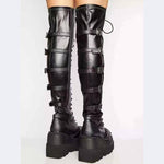 Lucyever Fashion Buckle Wedges Over The Knee Boots With Chunky Heels - Alt Style Clothing