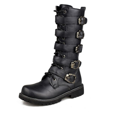 Make a Bold Statement with PU Leather Motorcycle Boots - High Over the Knee Military Combat Boots for a Gothic Touch
