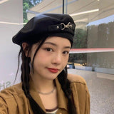 PU Belt and Metal Ring Chain Bucket Hat - Punk Gothic Style Beret