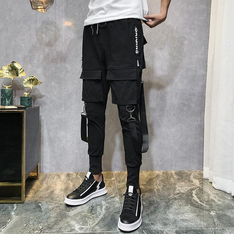 Men's Black Harem Pants - Featuring a Light and Punk Style with Ribbons for a Unique and Edgy Look - Alt Style Clothing