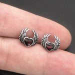 Gothic Silver Vintage Blood Red Heart with Wings Ear Studs - Alt Style Clothing