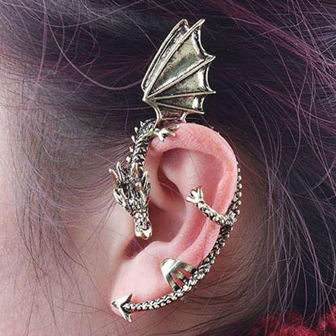 Retro Earrings Gothic Punk Etched Dragon Shape Ear Cuff No Piercing - Alt Style Clothing