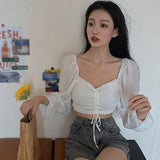 Sexy Sweet Pleated Soild Navel Exposed Chiffon Long Sleeves Top