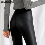 Black Fleece Matte Leather Leggings - High-Waist Lift Buttock Trousers with Slim Skinny Fit