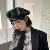PU Belt and Metal Ring Chain Bucket Hat - Punk Gothic Style Beret - Alt Style Clothing