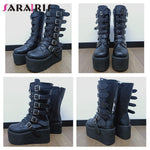 Gothic Punk Mid Calf Boots For Women With Platform Bottom Wedges - Alt Style Clothing