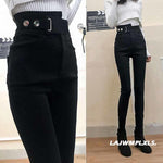 Casual Stretch Pants with Elastic High Waist and Metal Buttons - Alt Style Clothing