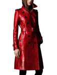 Long Crocodile Faux Leather Trench Coat for Women Belt Double Breasted Elegant - Alt Style Clothing