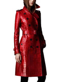 Long Crocodile Faux Leather Trench Coat for Women Belt Double Breasted Elegant - Alt Style Clothing
