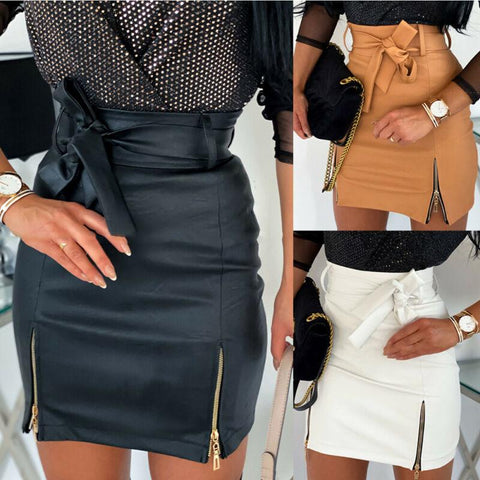 Slim High Waist Split Office PU Leather Pencil Bodycon Mini Skirt