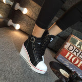 High Top Wedge Canvas Shoes with Denim Ankle and Buckle Strap - 8cm Heels! - Alt Style Clothing