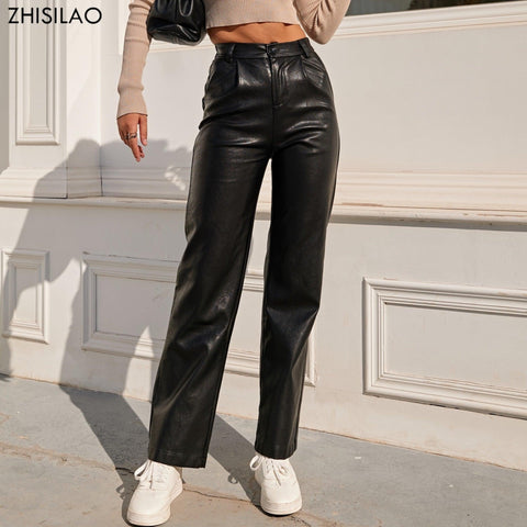 Vintage Loose Fit Faux Leather Pants for Women - Elastic Waist Design for Comfort - Alt Style Clothing