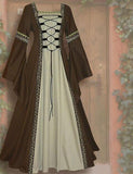 Gothic European and American Style Lace-up Bell Sleeve Retro Long Dress with Elastic Waist