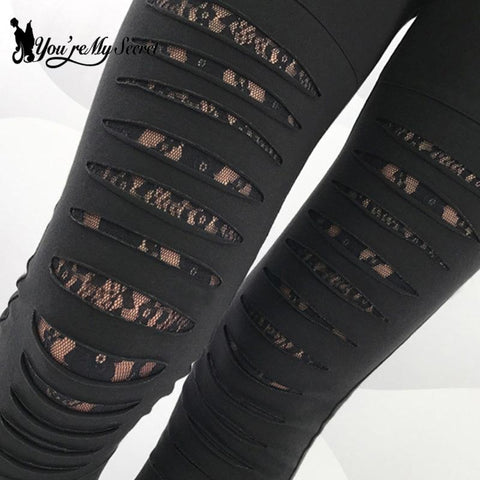 Gothic Lace Shredded Leggings - Sexy and Slim Mid-Waist Workout Wear - Alt Style Clothing