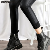 Black Fleece Matte Leather Leggings - High-Waist Lift Buttock Trousers with Slim Skinny Fit - Alt Style Clothing