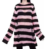 Unleash Your Inner Rebel with Our Punk Gothic Striped Hollow Knit Sweater - Alt Style Clothing