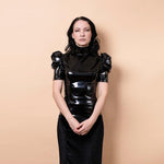 Patent Leather Turtleneck Top - Short Puffed Sleeves and Shiny Finish - Alt Style Clothing