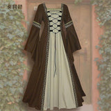 Gothic European and American Style Lace-up Bell Sleeve Retro Long Dress with Elastic Waist