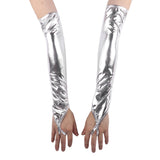Metallic Fingerless Long Gloves in Wetlook Patent Leather
