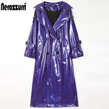 Long Black Patent Leather Trench Coat with Double Breasted Buttons