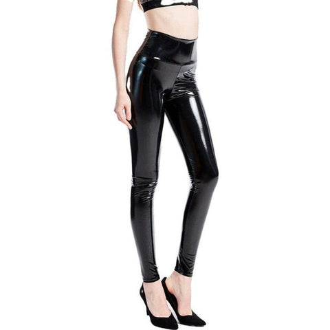 High-Waist Elastic PU Leather Leggings with Push-Up Effect - Black - Alt Style Clothing