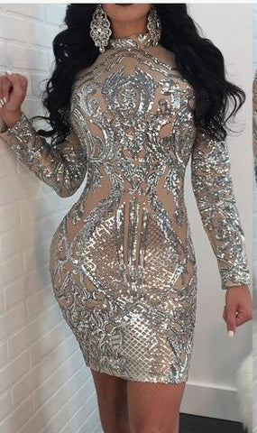 Sexy Sequined Neck Slim Long Sleeve Above Knee Mini Pencil Dress - Alt Style Clothing