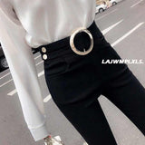 Casual Stretch Pants with Elastic High Waist and Metal Buttons