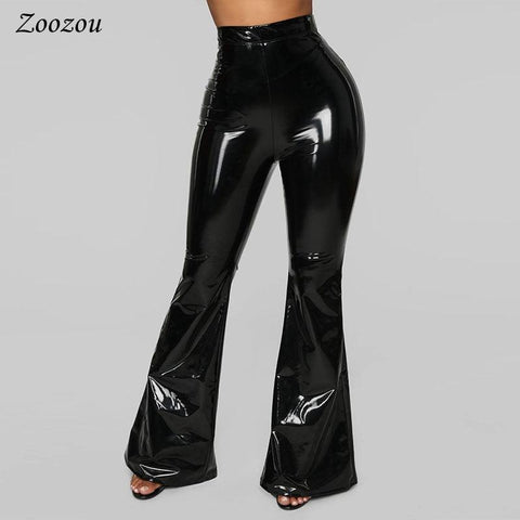 High-Waisted Flare Pants in Black PU Patent Leather - Sexy and Slim Fit - Alt Style Clothing