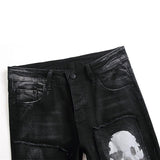 High Quality Black Denim Biker Jeans with Skull Design - Casual Style - Alt Style Clothing