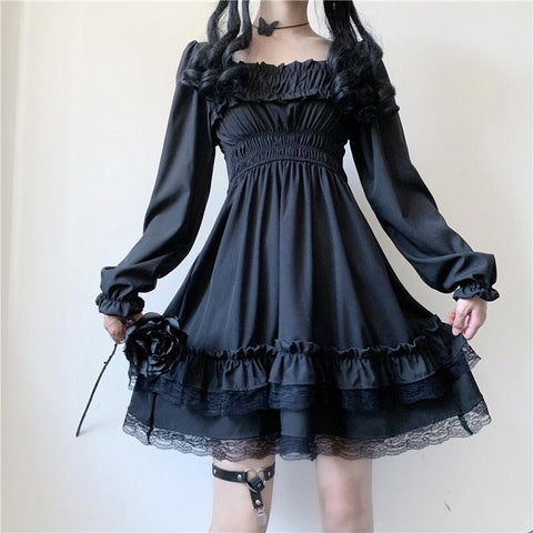Goth Elegant Square Collar Puff Sleeve Midi Dress - Alt Style Clothing