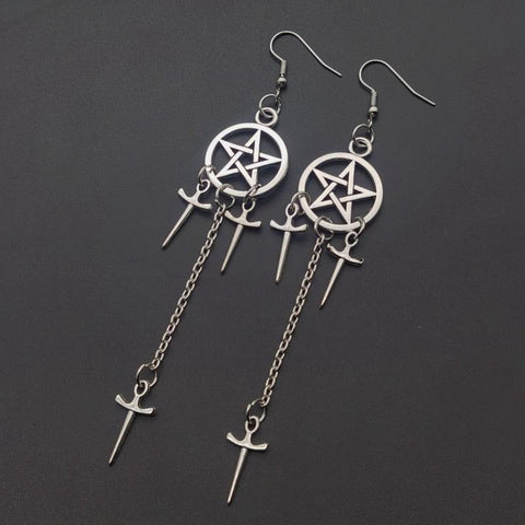Pentagram Swords Earrings Silver Plated Huggie Hoops Dangle Witchy Jewelry