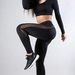 High-Waisted Femme Fitness Leggings - Solid Color with Mesh and PU Leather Patchwork Design - Alt Style Clothing