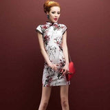 Oriental Style Qipao Dress Black Flower Print Flax - Alt Style Clothing
