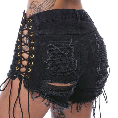 Denim Short Jeans Ripped Hole Solid Lace Up Casual Pocket Shorts - Alt Style Clothing
