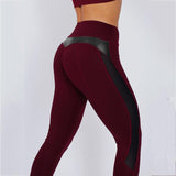 High-Waisted Femme Fitness Leggings - Solid Color with Mesh and PU Leather Patchwork Design - Alt Style Clothing