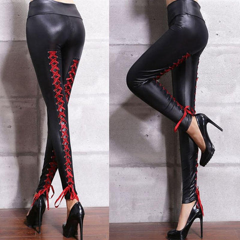 Punk Rock Sexy Bandage Leather Leggings with High-Waist Lace-Up Bodycon Pencil Design - Alt Style Clothing