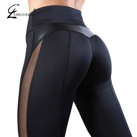 High-Waisted Femme Fitness Leggings - Solid Color with Mesh and PU Leather Patchwork Design - Alt Style Clothing