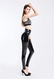 High-Waist Elastic PU Leather Leggings with Push-Up Effect - Black - Alt Style Clothing