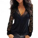 See-Through Long Sleeve Top - Deep V-Neck with Lace Trim