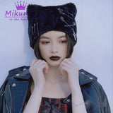 Black Plush Beret - Punk Gothic Style with Cross Pin and Cat Ears - Alt Style Clothing