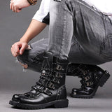 Rev up Your Style with Leather Motorcycle Mid-calf Military Combat Gothic Belt Punk Boots - Alt Style Clothing