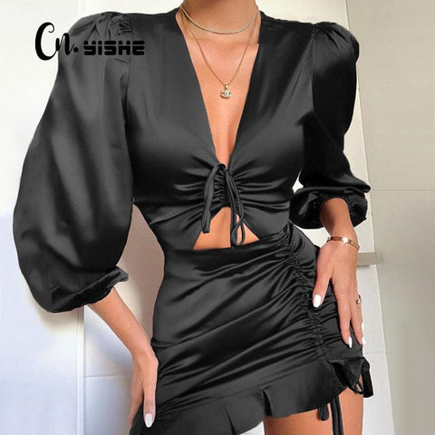 Deep V-neck Party Satin Lace Up Ruffles Holow Out Ruched Dress - Alt Style Clothing