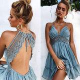 Nadafair Lace Sexy Spaghetti Strap A-Line V Neck Backless Party Mini Dress - Alt Style Clothing