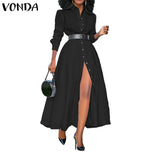 Loose Long Sleeve Shirt Dress From Vonda, Sexy Split Vintage Solid Color Perfect For The Office - Alt Style Clothing